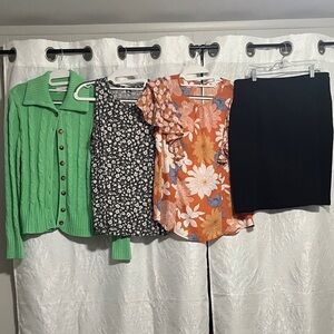 Green Cardigan, Floral Tops, and Black Skirt Set